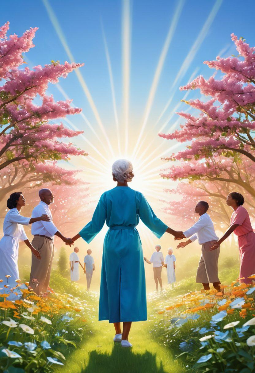 A serene and uplifting scene of diverse individuals, including healthcare professionals and cancer survivors, engaging in supportive activities together. Vividly illustrated symbols of hope like blooming flowers and rays of sunlight radiate around them. The background features a soft blue sky and lush greenery, symbolizing healing and growth. The imagery should evoke a sense of community, strength, and empowerment. vibrant colors. soft focus.