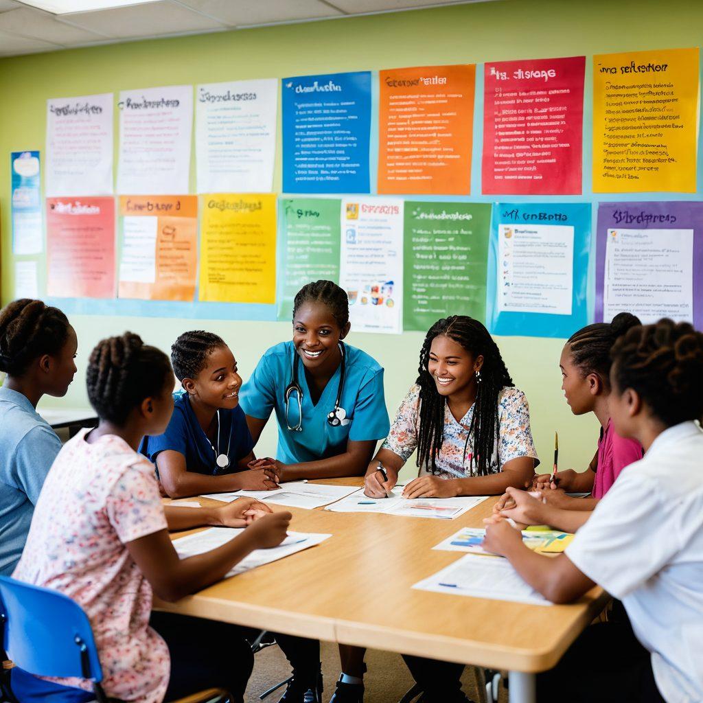 A vibrant classroom scene where a diverse group of patients, young and old, engage in a supportive educational workshop. In the foreground, a caring educator explains health concepts using colorful posters and interactive resources, reflecting empowerment and community support. The atmosphere is warm and inviting, filled with natural light and inspirational quotes on the walls. super-realistic. bright colors. soft focus.