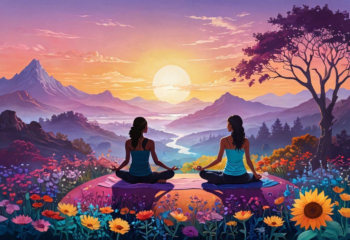 A serene landscape showcasing a journey from darkness to light, featuring symbolic representations of diagnosis (like a shadowy figure) transforming into vibrant representations of survivorship (such as blooming flowers and a radiant sun). Include diverse figures embracing holistic practices like meditation, yoga, and nutrition. The background should convey hope and renewal, with a gentle color gradient from dark hues to warm pastels. surrealistic. vibrant colors. uplifting mood.